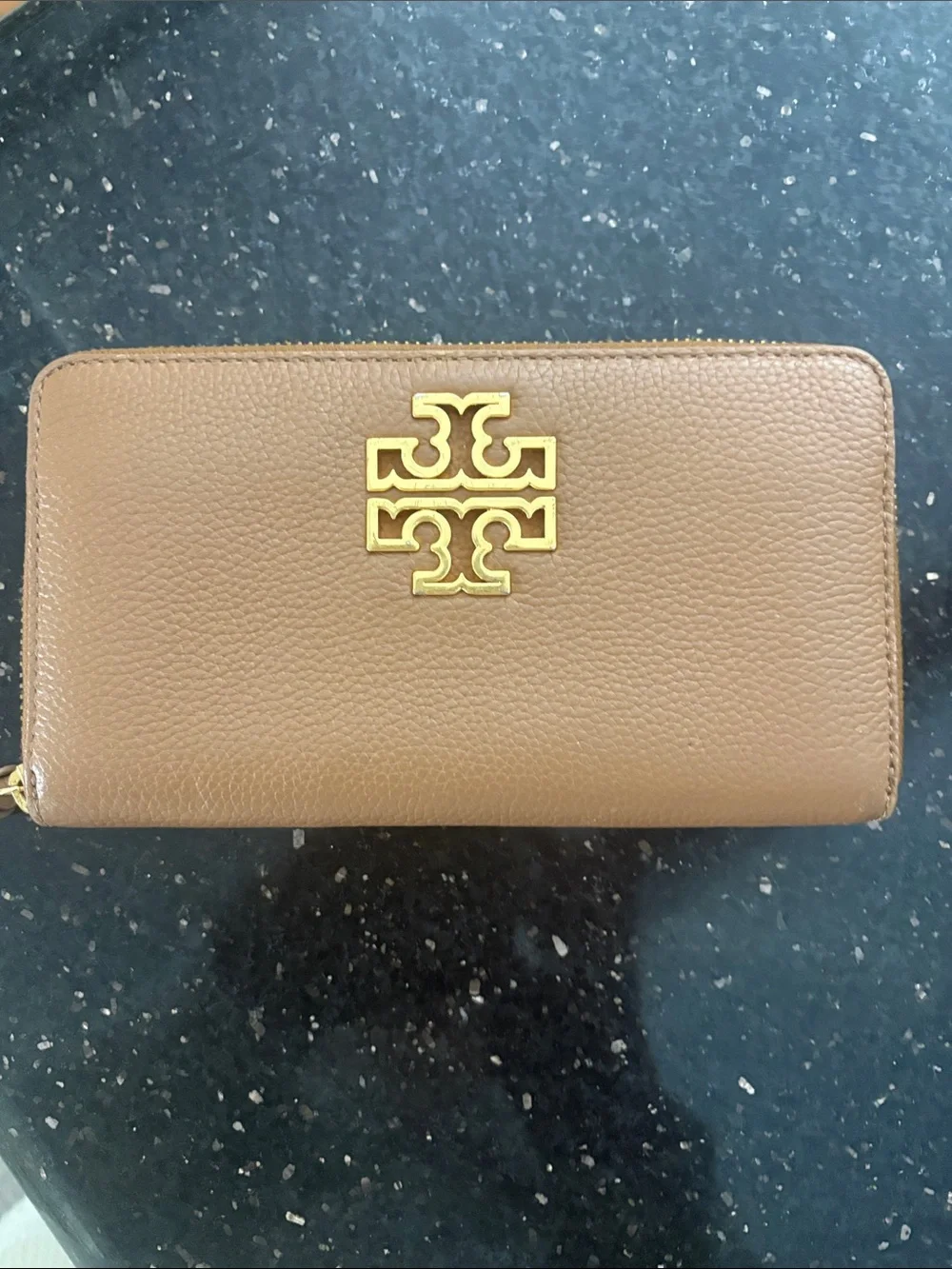 Tory Burch Brown Tan Britten Continental Leather Wallet with Gold Logo